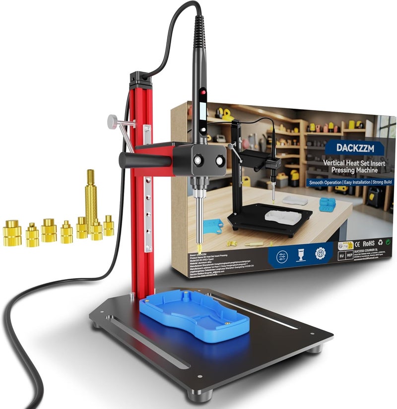 DACKZZM Heat Set Insert Tool with 80w Soldering Iron Vertical Heat Pressing Machine 8PCS Brass Tips Threaded Inserts Tool M2-M8 for 3D Printed Part, DIY, Plastic Components, Red - Image 1